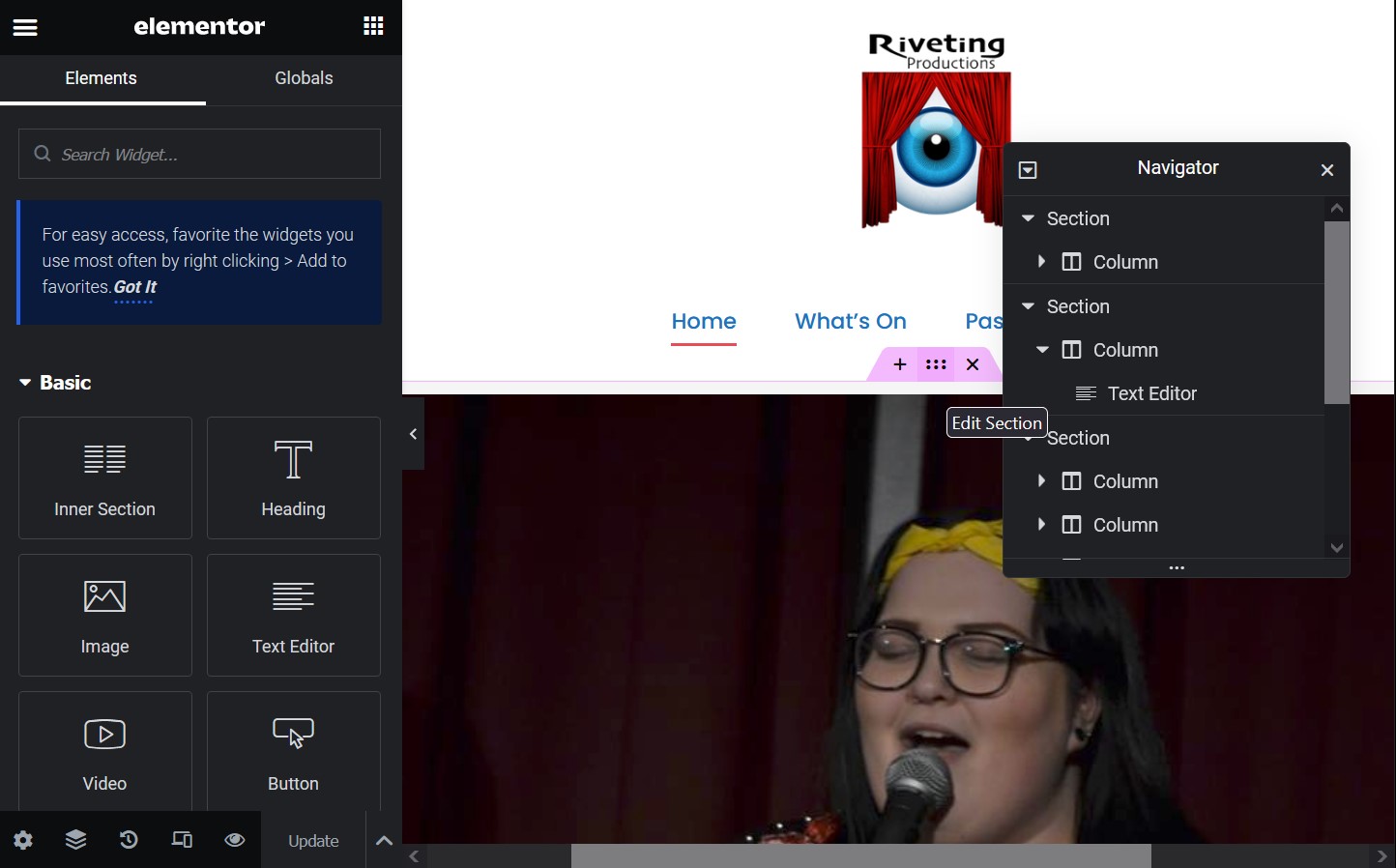 A screenshot of the Elementor for WordPress interface with the home page of the website, building something that was easy to
                 learn how to change was a priority.